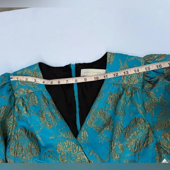 NWT Happy x Nature by Kate Hudson Teal & Gold Brocade Puff Sleeve Jumpsuit - Picture 5 of 15